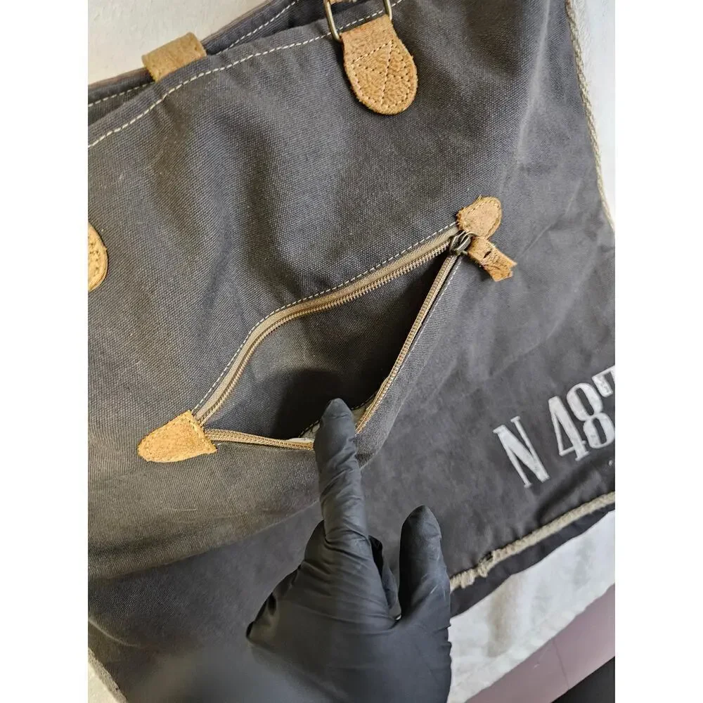 Maya Tote Bag. Leather & Canvas. Floral large bag. Zip closure. Multiple pockets